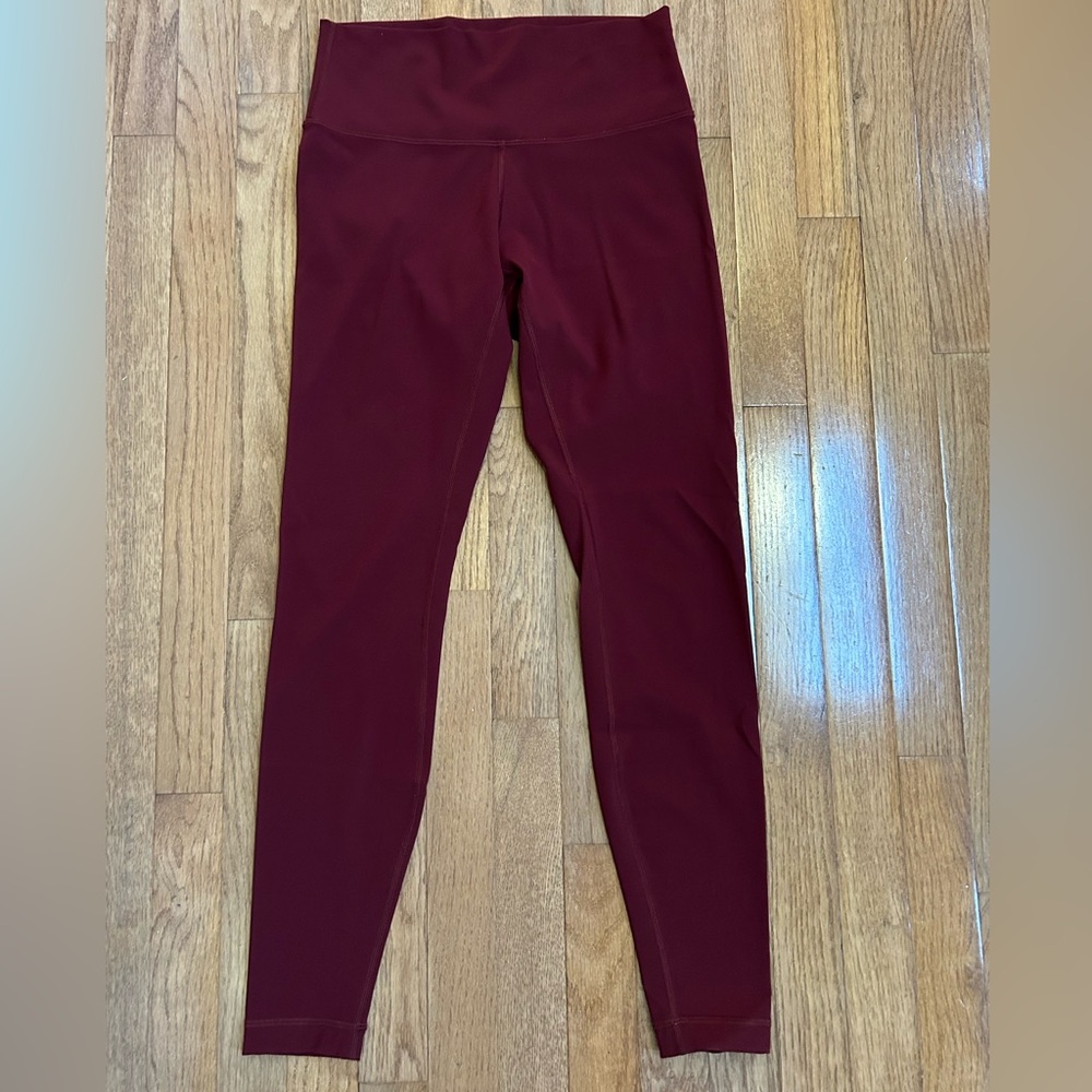 Lululemon full length leggings in burgundy est. sz 8 high rise FLAWED
